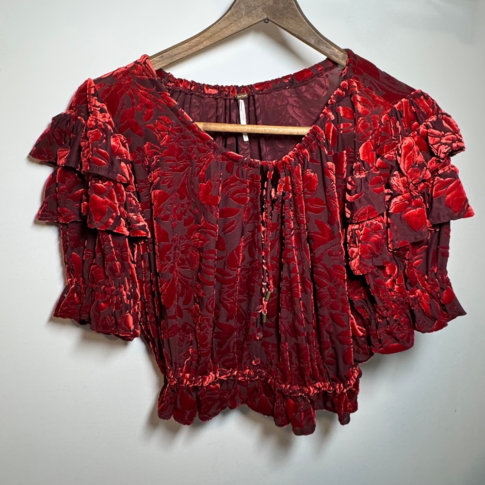Free People Red Floral Velvet Ruffle Crop Top Smocked Blouse Small Holiday Boho